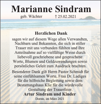 Traueranzeige von Marianne Sindram von Harz Kurier