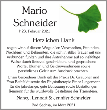 Traueranzeige von Mario Schneider von Harz Kurier