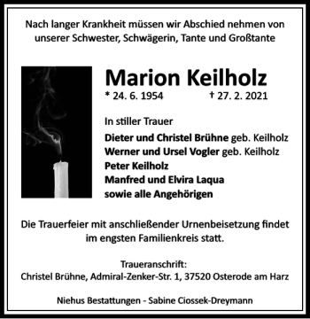 Traueranzeige von Marion Keilholz von Harz Kurier