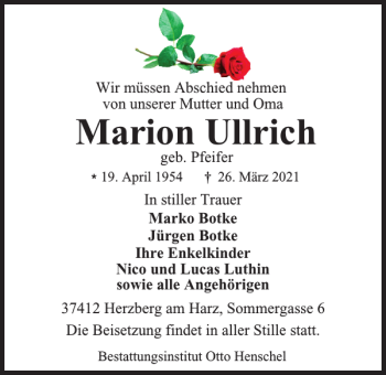 Traueranzeige von Marion Ullrich von Harz Kurier