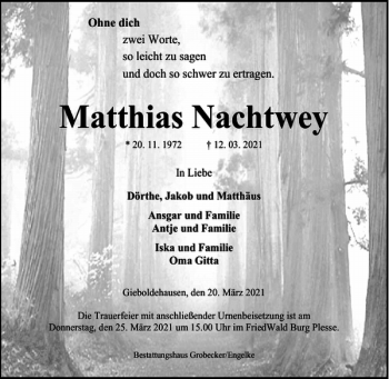 Traueranzeige von Matthias Nachtwey von Harz Kurier
