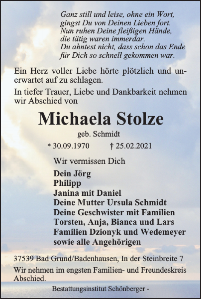  Traueranzeige für Michaela Stolze vom 04.03.2021 aus Harz Kurier