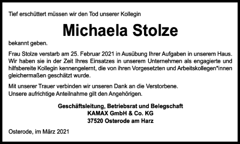  Traueranzeige für Michaela Stolze vom 06.03.2021 aus Harz Kurier