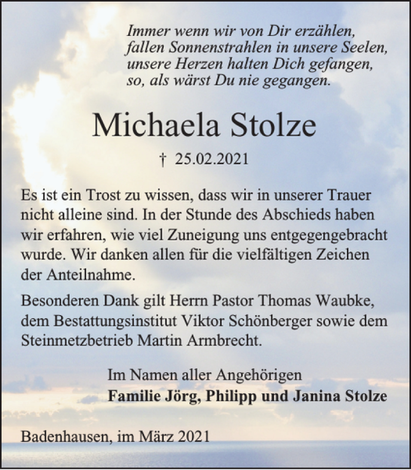  Traueranzeige für Michaela Stolze vom 27.03.2021 aus Harz Kurier