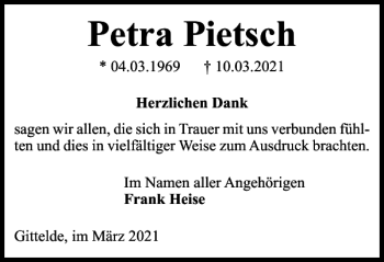 Traueranzeige von Petra Pietsch von Harz Kurier