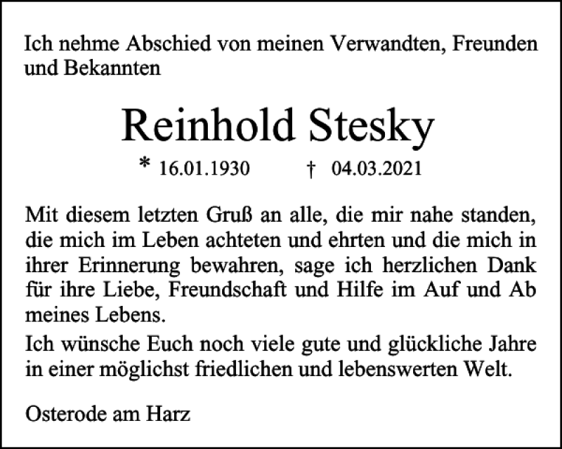  Traueranzeige für Reinhold Stesky vom 27.03.2021 aus Harz Kurier