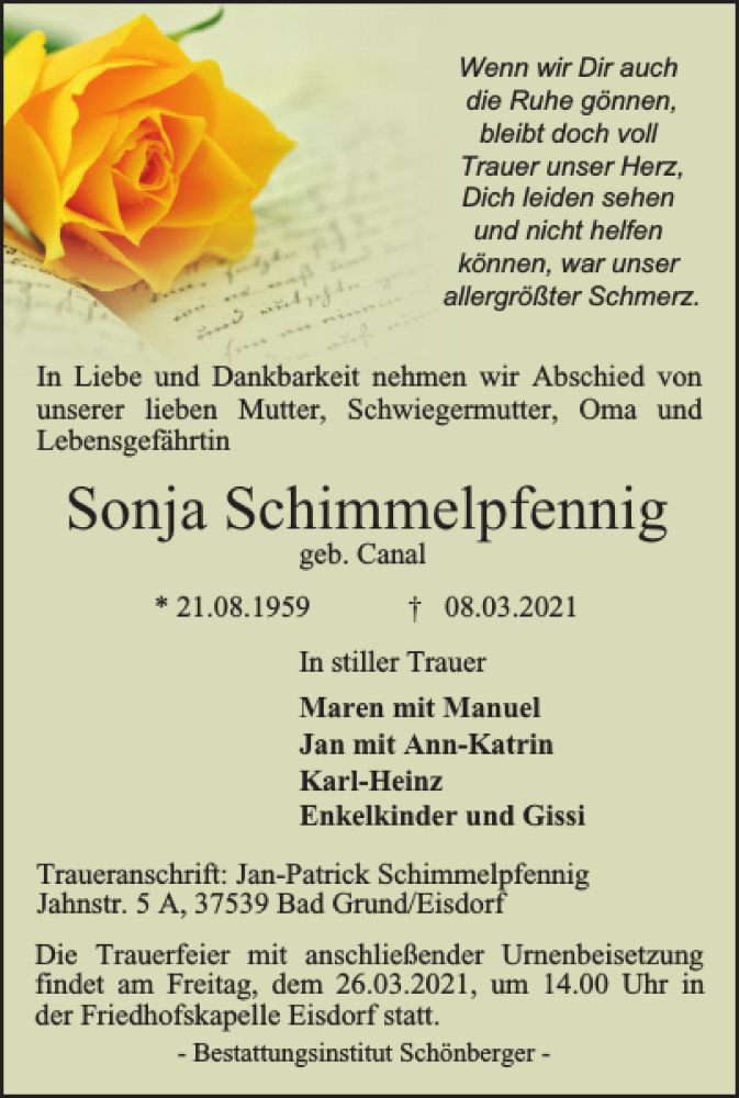  Traueranzeige für Sonja Schimmelpfennig vom 13.03.2021 aus Harz Kurier