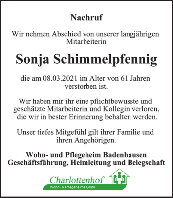 Traueranzeige von Sonja Schimmelpfennig von Harz Kurier