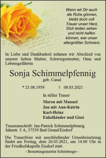 Traueranzeige von Sonja Schimmelpfennig von Harz Kurier