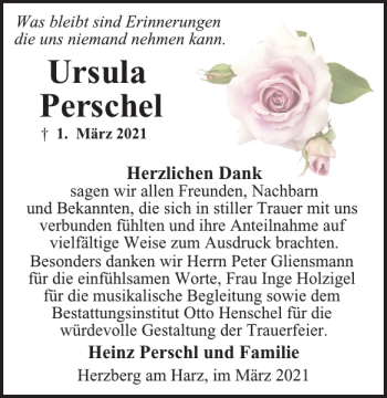 Traueranzeige von Ursula Perschel von Harz Kurier