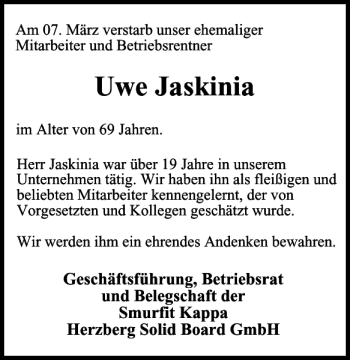 Traueranzeige von Uwe Jaskinia von Harz Kurier