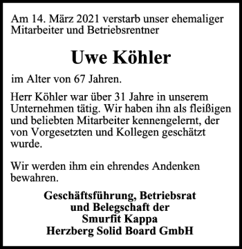 Traueranzeige von Uwe Köhler von Harz Kurier
