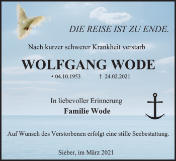Traueranzeige von WOLFGANG WODE von Harz Kurier