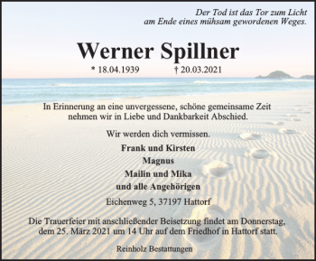 Traueranzeige von Werner Spillner von Harz Kurier