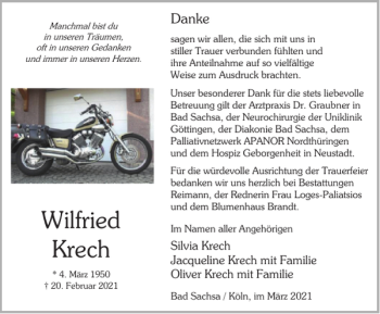 Traueranzeige von Wilfried Krech von Harz Kurier