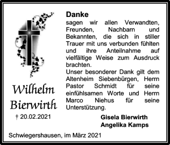 Traueranzeige von Wilhelm Bierwirth von Harz Kurier