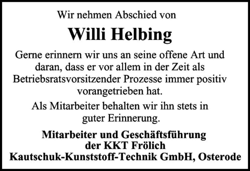  Traueranzeige für Willi Helbing vom 12.03.2021 aus Harz Kurier