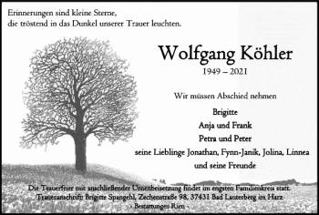 Traueranzeige von Wolfgang Köhler von Harz Kurier