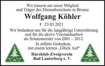 Traueranzeige von Wolfgang Köhler von Harz Kurier