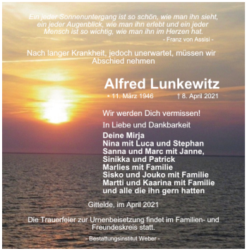 Traueranzeige von Alfred Lunkewitz von Harz Kurier