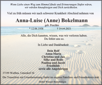 Traueranzeige von Anna-Luise Anne Bokelmann von Harz Kurier