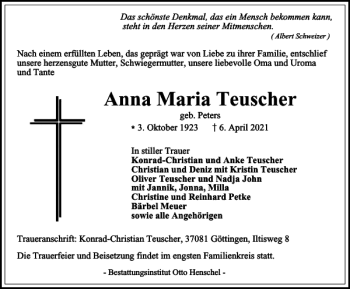 Traueranzeige von Anna Maria Teuscher von Harz Kurier
