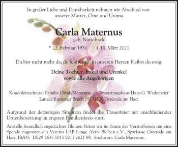 Traueranzeige von Carla Maternus von Harz Kurier
