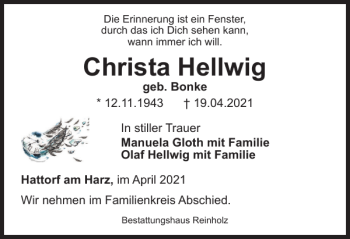 Traueranzeige von Christa Hellwig von Harz Kurier