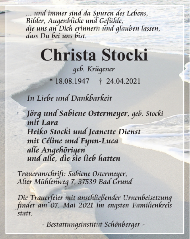  Traueranzeige für Christa Stocki vom 30.04.2021 aus Harz Kurier