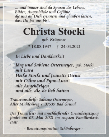 Traueranzeige von Christa Stocki von Harz Kurier