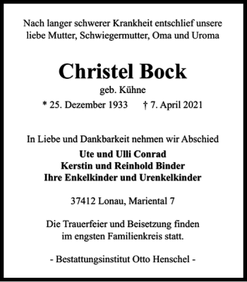Traueranzeige von Christel Bock von Harz Kurier