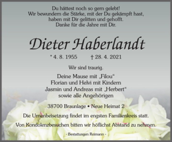 Traueranzeige von Dieter Haberlandt von Harz Kurier