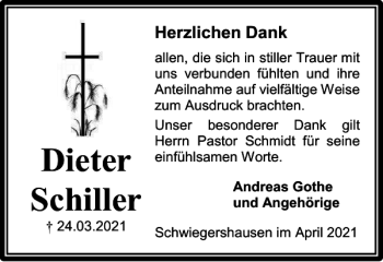 Traueranzeige von Dieter Schiller von Harz Kurier