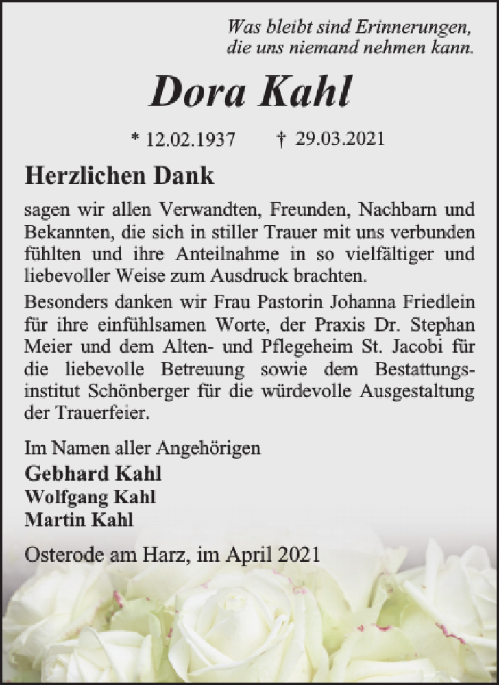 Traueranzeige für Dora Kahl vom 17.04.2021 aus Harz Kurier