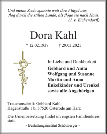 Traueranzeige von Dora Kahl von Harz Kurier
