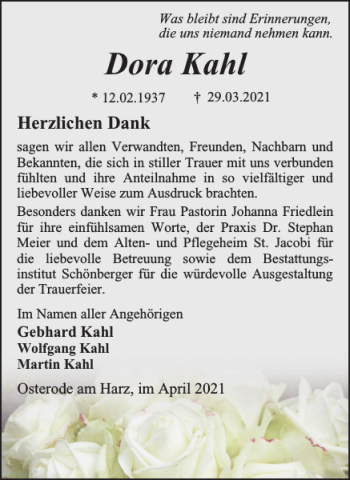 Traueranzeige von Dora Kahl von Harz Kurier