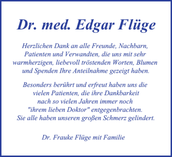 Traueranzeige von Dr. med. Edgar Flüge von Harz Kurier