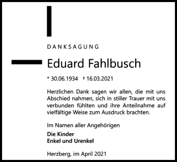 Traueranzeige von Eduard Fahlbusch von Harz Kurier
