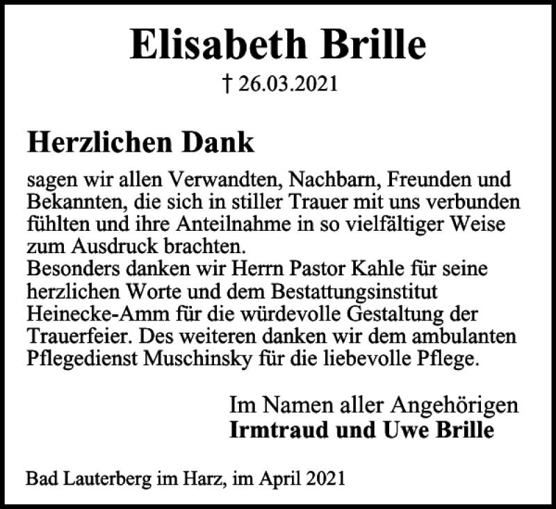  Traueranzeige für Elisabeth Brille vom 28.04.2021 aus Harz Kurier