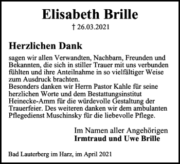 Traueranzeige von Elisabeth Brille von Harz Kurier