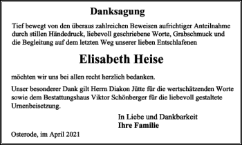 Traueranzeige von Elisabeth Heise von Harz Kurier