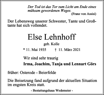 Traueranzeige von Else Lehnhoff von Harz Kurier