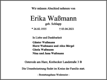 Traueranzeige von Erika Waßmann von Harz Kurier