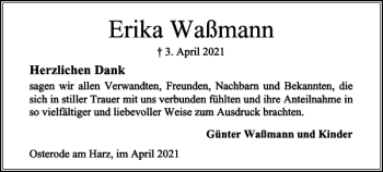 Traueranzeige von Erika Waßmann von Harz Kurier