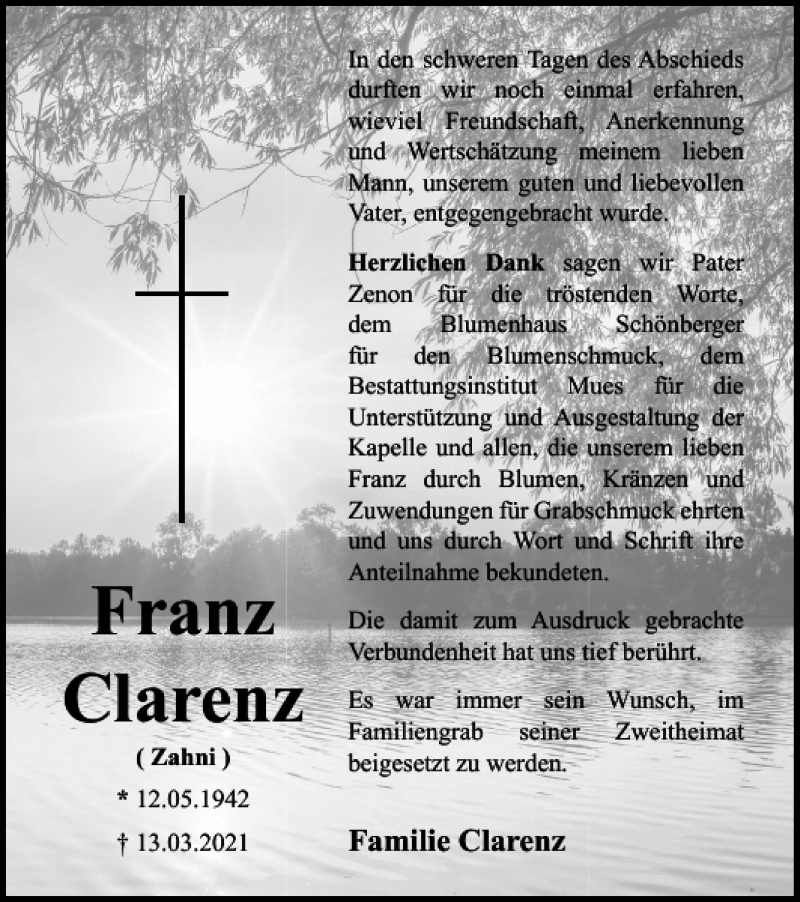  Traueranzeige für Franz Clarenz vom 07.04.2021 aus Harz Kurier