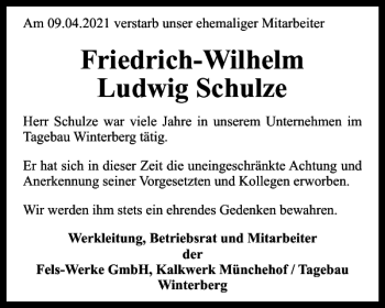 Traueranzeige von Friedrich-Wilhelm Ludwig Schulze von Harz Kurier