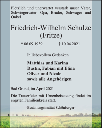 Traueranzeige von Friedrich-Wilhelm Schulze Fritze von Harz Kurier