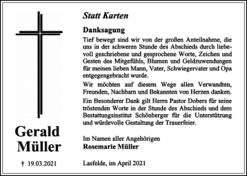 Traueranzeige von Gerald Müller von Harz Kurier