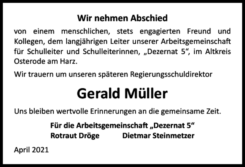  Traueranzeige für Gerald Müller vom 03.04.2021 aus Harz Kurier