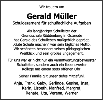Traueranzeige von Gerald Müller von Harz Kurier